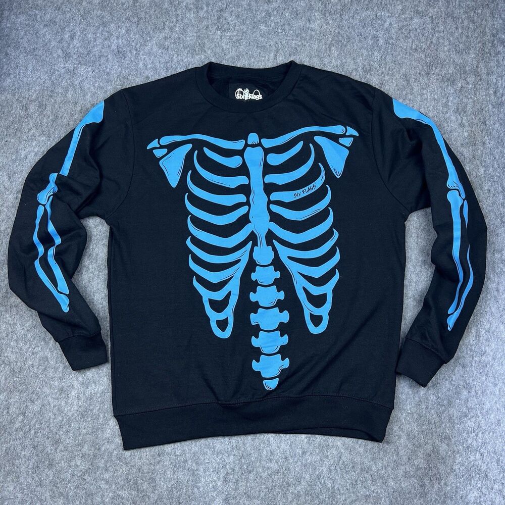Six Flags Men's Hoodie Sweatshirt Pullover Black Blue Skelton Crewneck Size M